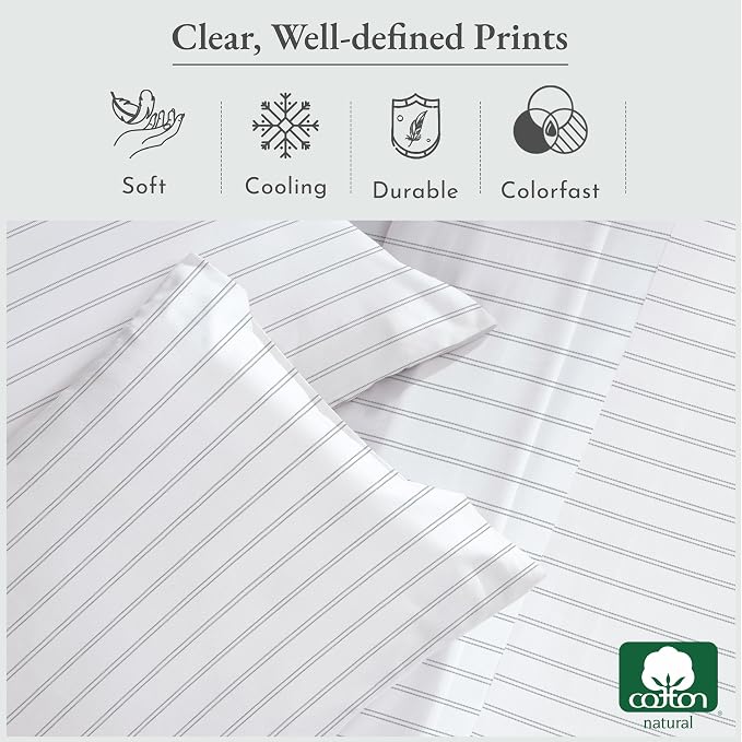 Soft Natural 100% Cotton Sateen King Size Bed Sheets, Classic Stripe Print | Backed by Good Housekeeping Seal, Light & Breathable For Hot Sleepers, 14" Deep Pocket Set, All-Around Elastic, Durable