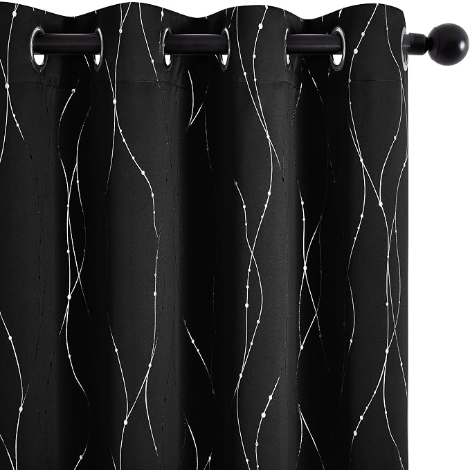 Deconovo 100% Blackout Living Room Curtains 63 Inches Long, Black Backing | Silver Line Foil Pattern Drapes, Thermal Insulated, Room Darkening, Grommet, 2 Panels Set, Black, 42 x 63 Inch