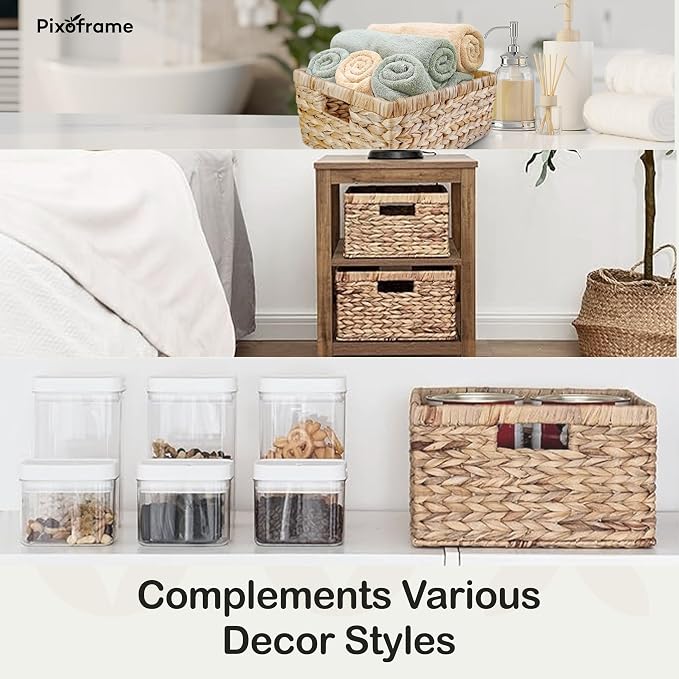Large Handwoven Water Hyacinth Storage Wicker Basket with 2 Handles - Brown | Handcrafted Rectangular Organizer, Sturdy Iron Frame, Ideal for Towels, Blankets, Shelves & Décor - 16.5"x13"x7.50"