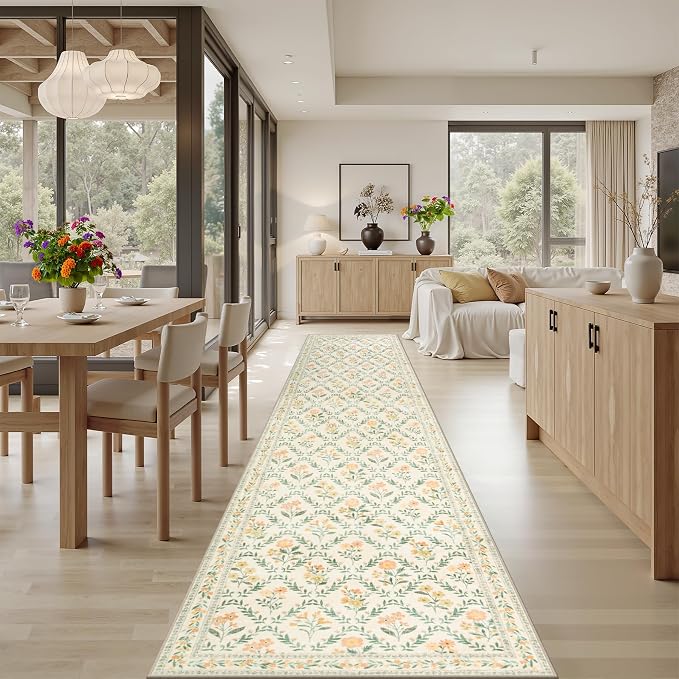 PLHXFR 2.6x14 Washable Runner Rug：Floral Indoor Kitchen Carpet Beige Multi | For Hallway Bedroom Kitchen Laundry Bathroom Dorm,Vintage Floral,Machine washable,Non Slip,Stain Resistant,Indoor Floor