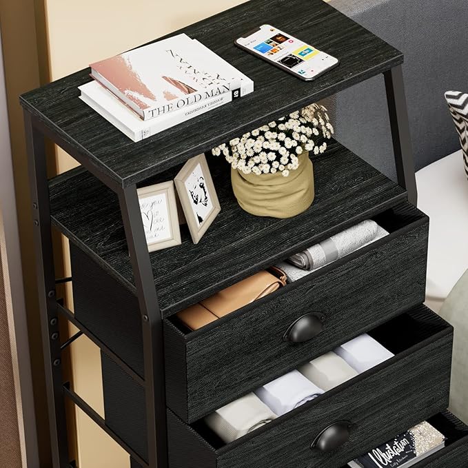 Furnulem Black Dresser for Bedroom, Fabric Dorm Tall Nightstand | 5 Drawers Chests of drawers, Closet Organizer, Bedside Table Furniture for Living Room, Sturdy Steel Frame, Wood Top