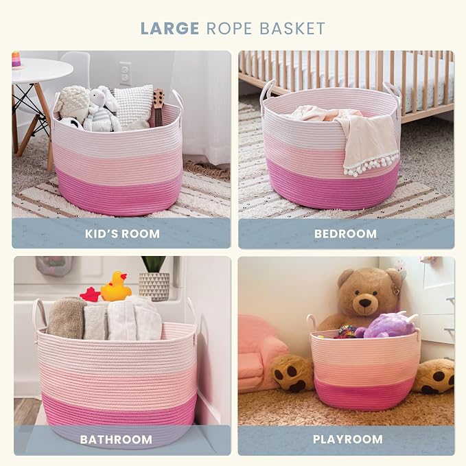 OrganiHaus Round Toy Basket & Blanket Basket, Cotton Rope 20x13" | 3-Toned Pink - Round Cotton Rope Basket, 20x13"