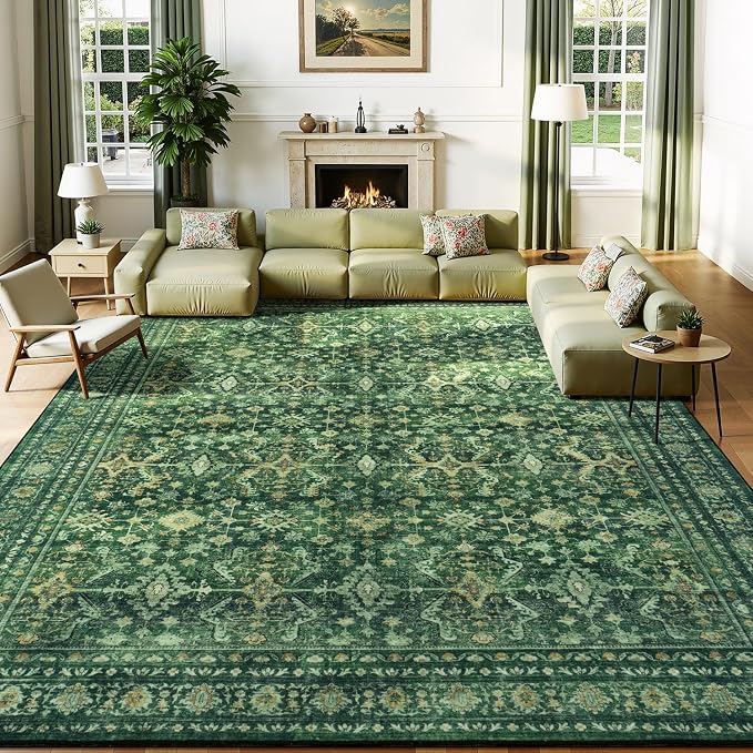 Washable Area Rugs 6 x 9 for Living Room,Soft Non Slip Carpet Green | Durable Stain Resistant,Kid Pet Friendly,Compatible with All Vacuums,0.25inch Low Pile for Bedroom Dining Room Home Office