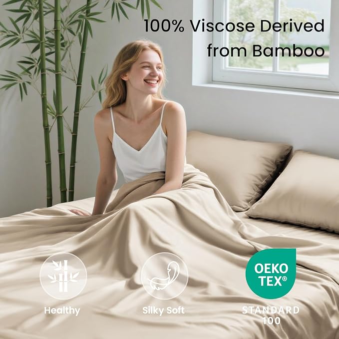 Love's cabin 3 Piece Twin Sheet Set, 100% Rayon Derived from Bamboo, Cooling & Breathable, Soft Silky Deep Pocket up to 16", Hotel Luxury Bedding for Hot Sleepers, Dark Beige