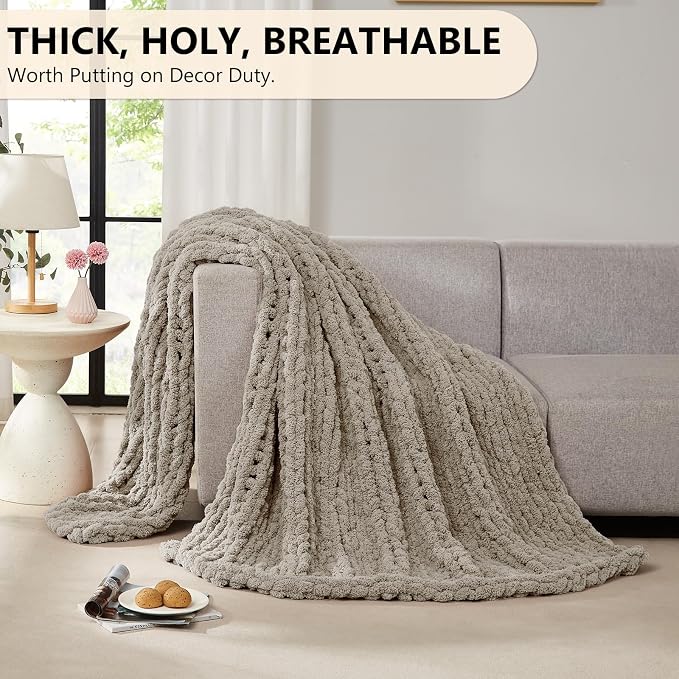 L'AGRATY Chunky Knit Throw Blanket for Couch, 60 x 80 Inches, Light Linen | Handmade Chenille Crochet Blanket for Sofa Bed, Thick Cable Knitted Blankets for Room Home Decor, Birthday Gift for Women Mom