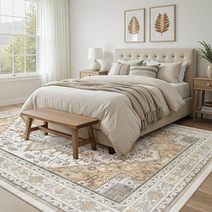 UERMEI 10x14 Area Rug for Living Room - Washable Vintage Carpet, Non-Slip Soft Large Indoor Floor Rugs for Bedroom Home Office & Under Dining Table Decor, Brown Beige
