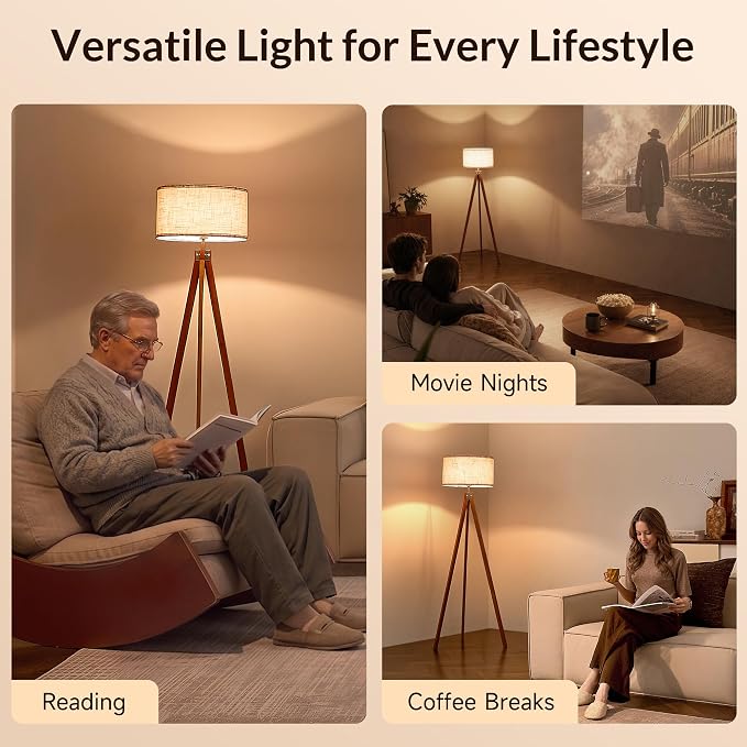 LEPOWER Tripod Floor Lamp Mid Century Modern Standing Lamps for Living Room | Light-Diffusing Linen Shade, Premium Rubberwood Tripod with E26 Base, Adding Warmth to Bedroom, Office & Study Corner Brown