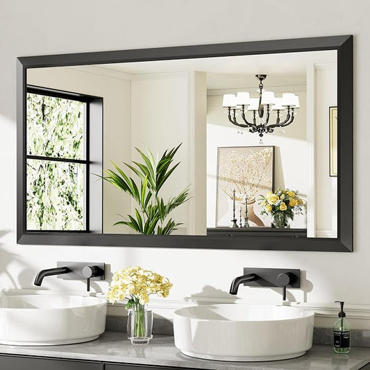 Black Metal Framed Bathroom Wall Mirror, 55x30 Inch | Anti-rust, HD tempered glass, for bathroom vanity, bedroom, living room, horizontal or vertical mount