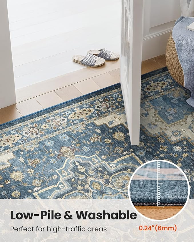 AMADA HOMEFURNISHING 8x10 Area Rug for Living Room, Vintage Washable Area Rug Low-Pile & Non-Slip Carpet for Bedroom Dining Room Nursery Home Office, Navy Blue/Beige
