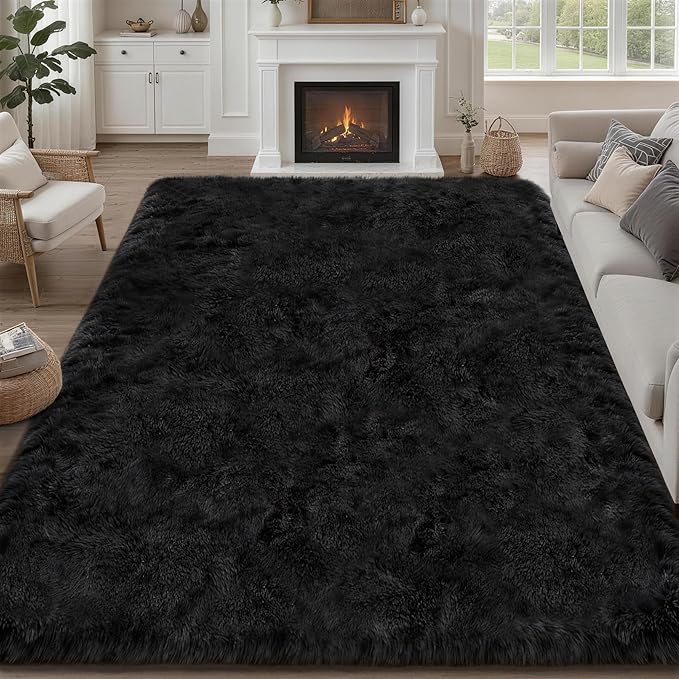 8x10 Area Rug Living Room Bedroom: Fluffy Plush Shag Carpet Black | For Kids Room Playroom Nursery Home Decor,Ultra Soft,Non-Slip Non-Shedding,Fuzzy Plush,Large Indoor Floor Carpet,Easy Clean