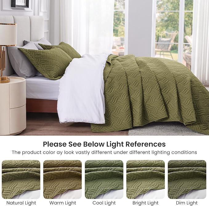 Love's cabin King Size Quilt Bedding Set Olive Green Bedspreads - Bed Summer Lightweight Bedspread Comforter - Wave Pattern Bedding Coverlet for All Season - 3 Pieces (1 Quilt, 2 Pillow Shams)