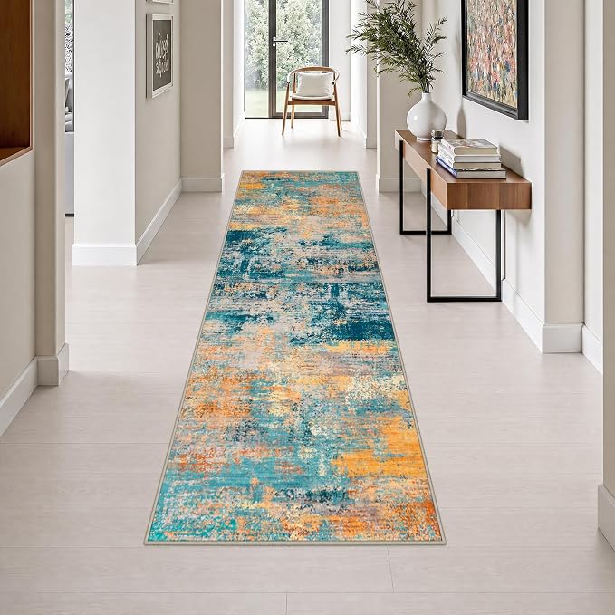 2.6x10 Washable Runner Rug:Modern Abstract Soft Carpet Rosy Haze | For Hallway, Bedroom, Kitchen, Laundry, Bathroom,Door Mat,Modern Abstract,Machine washable,Non-Slip,Stain Resistant,Indoor