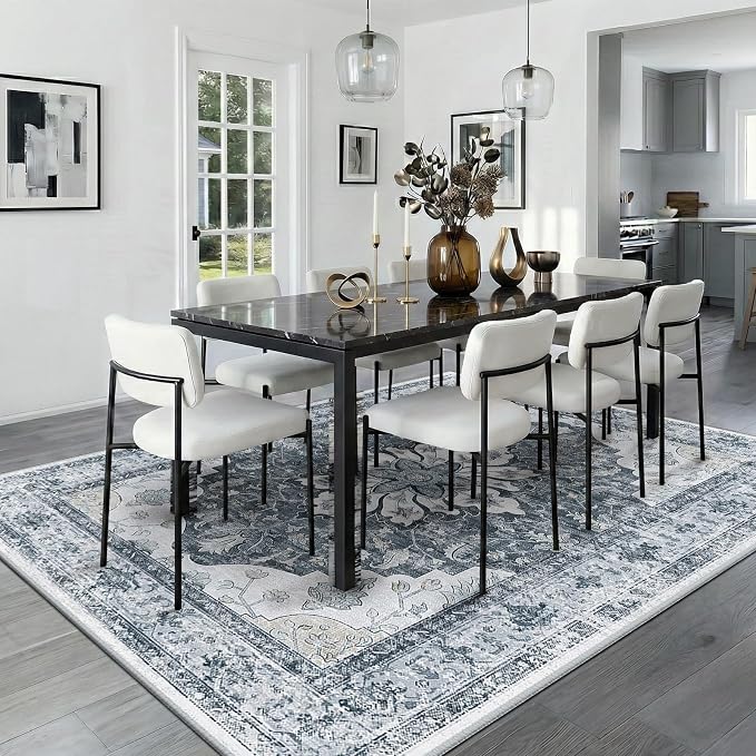 RELEANY Washable Area Rug, 8'x10', Grey/White/Beige | Non-Slip, Water Repellent, Pet Friendly, Easy to Clean, Vintage Floral Boho Decor for Living Room Bedroom Dining Room