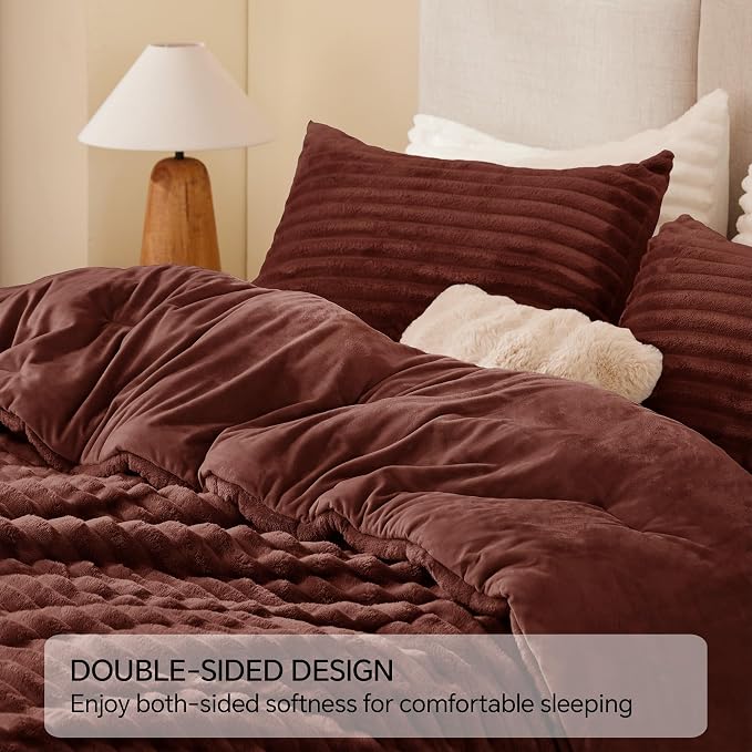 BEDELITE Fleece King Comforter Set, Fluffy Bed Set, Hot Chotolate | Super Soft & Warm Bedding, Luxury Fuzzy Faux Fur Comforter for Winter, Heavy Plush Bedding, with 2 Pillowcases