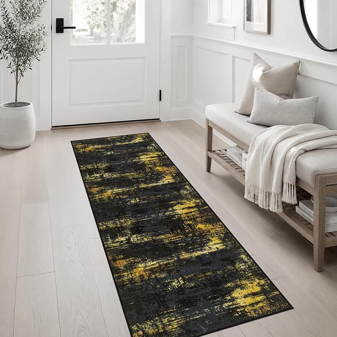 2x6 Washable Runner Rug：Modern Abstract Soft Carpet Black Gold | For Hallway, Bedroom, Kitchen, Laundry, Bathroom,Door Mat,Modern Abstract,Machine washable,Non-Slip,Stain Resistant,Indoor
