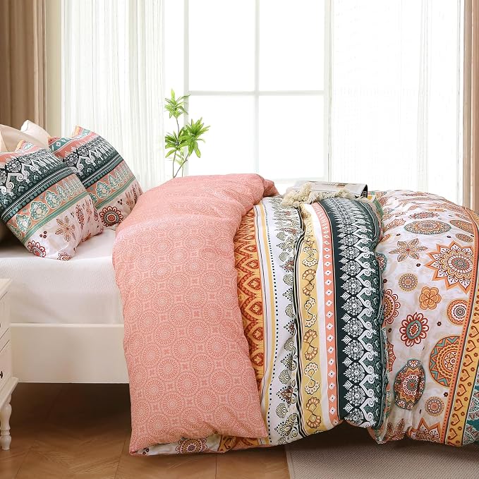 MUXHOMO Duvet Cover King Size, Reversible Floral Boho Flower Duvet Cover Set with Zipper Closure, 3 Pieces Botanical Patterns Soft Microfiber Bedding Set with 4 Ties (104"x90", 2 Pillow Cases)