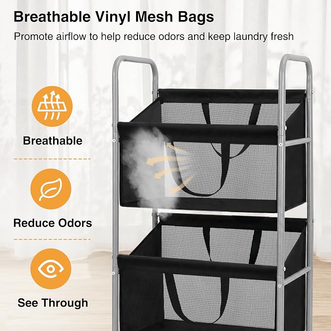 STO STO 4-Tier Vertical Rolling Laundry Hamper, Removable Bags, Black Mesh | 160L Capacity, Space-Saving Vertical Design, Rust-Resistant Steel Frame, Lockable Wheels, Ideal for Apartments & Small Spaces