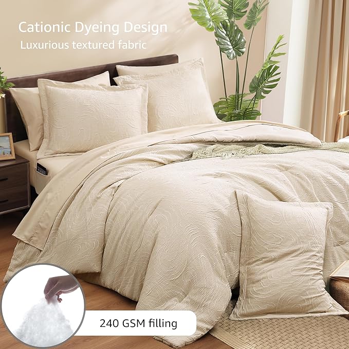 Monbix Full Size Comforter Set 7 Pieces Birch Marble Bed in a Bag | Lightweight All Season Bedding Sets with Comforter, Sheets, Pillowcases & Shams