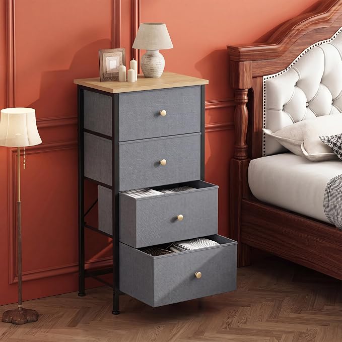 DUMOS Nightstand with 4 Drawers, Bedside Table with Removable Fabric Bins, Sturdy Steel Frame Wood Top Organizer Furniture for Bedroom Closet Living Room, Gray Blue