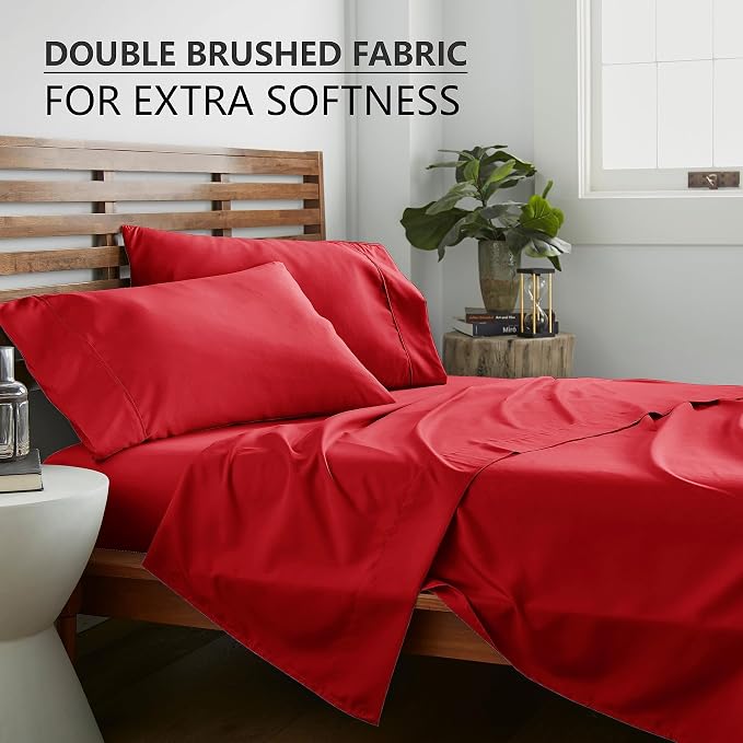American Home Collection Queen Sheet Set - Ultra-Soft Microfiber 15-Inch Deep Pocket - Wrinkle Free and Fade Resistant (Red)