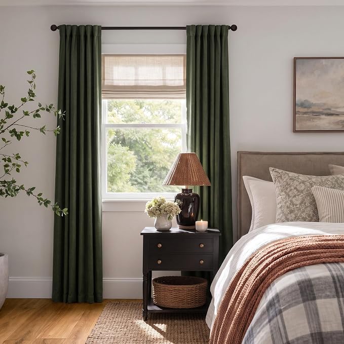INOVADAY 100% Blackout Curtains for Bedroom Black Out Curtains 84 Inch Long | Loden Green Curtains for Living Room 2 Panel, Clip Rings Linen Look Blackout Drapes, Thermal Insulated Room Darkening,W50xL84