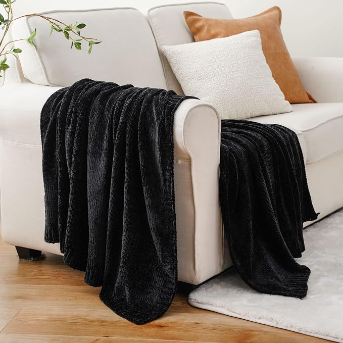 Black Throw Blanket for Couch, Soft Woven Chenille Throw Blanket 51"x67" | Shiny Chenille Blanket, Cozy Cable Knit Throw Blanket for Bed Sofa Home Decor