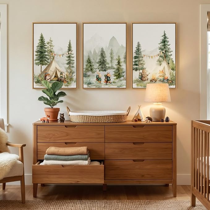Framed Forest Animal Wall Art for Nursery, 3 Piece Nature Cute Whimsical Bear Fox Rabbit Canvas Painting Prints for Modern Farmhouse, Rustic Cabin Toddler Girl Artwork for Bedroom Kids Room, 16x24