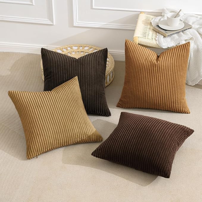 MIULEE Fall Corduroy Decorative Throw Pillow Covers Camel Brown 18x18 | Set of 4, Mordern Rustic Fall Decor, Wood-Tone Deep Browns, Boho Farmhouse Cushion Covers for Couch Bed Sofa Living Room