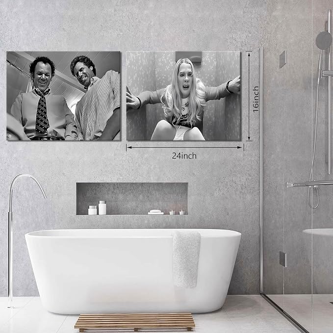 Framed Funny Movie Bathroom Canvas Wall Art Set of 2 – Black and White Vintage Comedy Movies Wall Decor, Humor White Chicks Posters Prints for Bathroom Toilet Humour Signs – 16x24in