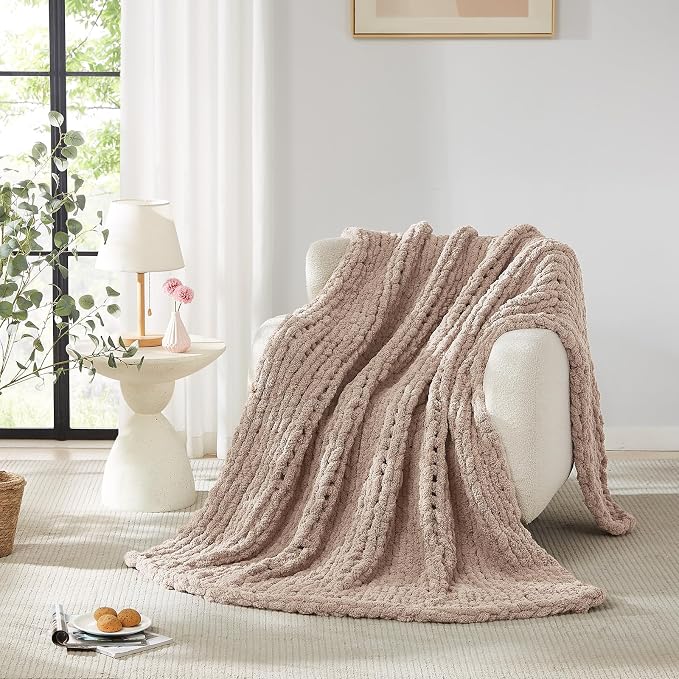 L'AGRATY Chunky Knit Throw Blanket for Couch, 72 x 84 Inches, Light Taupe | Handmade Chenille Crochet Blanket for Sofa Bed, Thick Cable Knitted Blankets for Room Home Decor, Birthday Gift for Women Mom