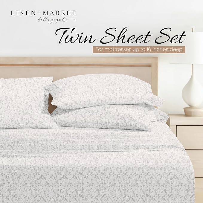 Linen Market 3 Piece Twin Bedding Sheet Set (Gray Vines) - Sleep Better Than Ever with These Ultra-Soft & Cooling Bed Sheets for Your Twin Size Bed - Deep Pocket Fits 16" Mattress