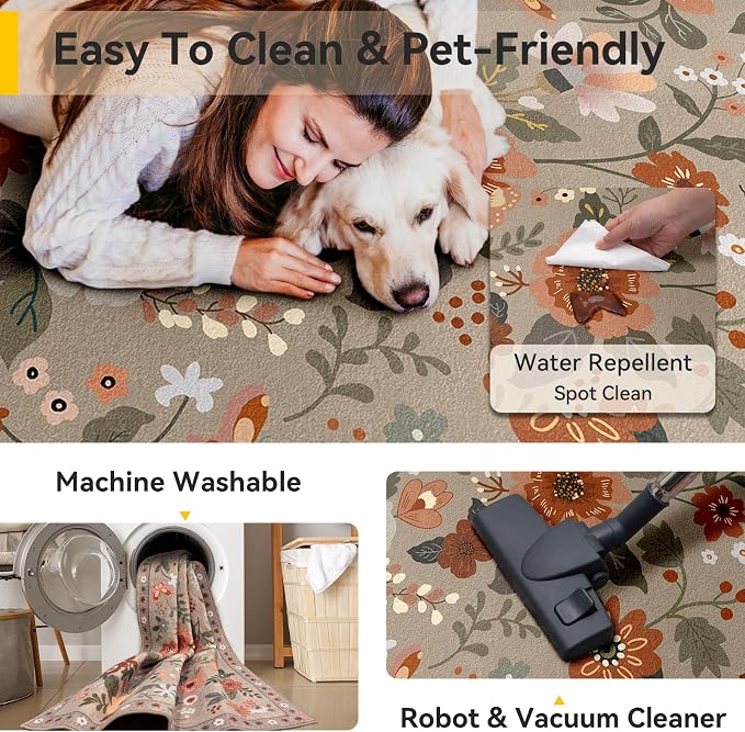 RELEANY Floral Washable 6x9 Area Rugs Brown/Brick | Flower Carpet, Print, Boho, Non-Slip, Easy to Clean, Soft, Low Pile for Living Room Bedroom Kitchen Office Entryway Hallway