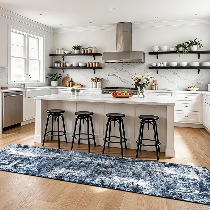 Rugflix 2'6"x10' Runner Rug for Hallway, Washable Navy Blue Long Runners | Machine Washable; Stain-resistant; Low Pile; Non-slip; Modern Abstract; Black Carpet for Entrance Kitchen Hallway Home