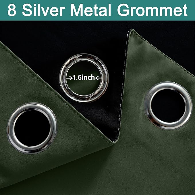 Yakamok Greyish Green 100% Blackout Curtains 96 Inches Long 52" Wide, 2 PCS | Blackout Curtain Panels for Bedroom, 2 Thick Layers Grommet Top Thermal Insulated Drapes with Black Liner for Living Room