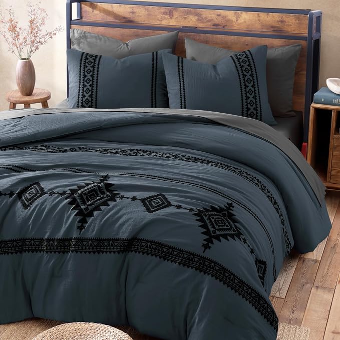 MaiRêve Embroidery King Size Comforter Set 7 Pieces Blue Grey Bed in a Bag | Western Boho Farmhouse Bedding Sets with Comforter, Sheets, Pillowcases & Shams
