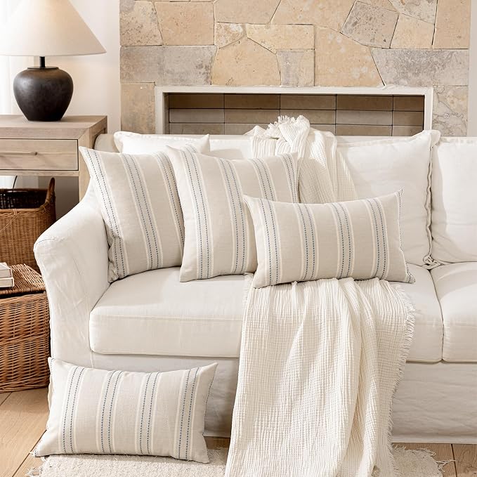 Hckot Stripe Throw Pillow Covers 12x24 Lumbar Dusty Blue Pillow Covers | Farmhouse Decorative Pillows Textured Cushion Covers for Sofa Couch Bed Living Room Decor