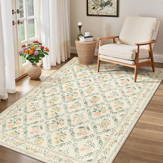PLHXFR Area Rug Living Room: 3x5 Floral Washable Boho Carpet Beige Multi | For Bedroom Dining Room Farmhouse Nursery Hallway,Vintage Floral,Machine washable,Non Slip,Stain Resistant,Large Indoor