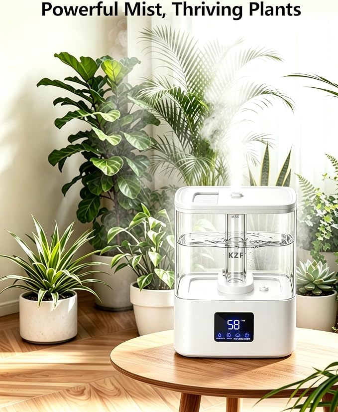 KZF 4L Top Fill Humidifiers for Bedroom & 40H Runtime - Cool Mist Humidifier, 3 Mist Levels, 8H Timer, Essential Oil Tray, Humidity Display, Quiet for Baby, Plants, Large Room (White, 4L)
