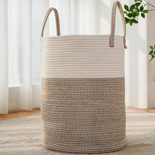 JMvicyroam 80L Cotton Rope Laundry Basket Hamper, Brown | Collapsible Laundry Basket, Reinforced Handles, Freestanding, Machine Washable, Holds 3-5 Thick Blankets, Clothes or Toys