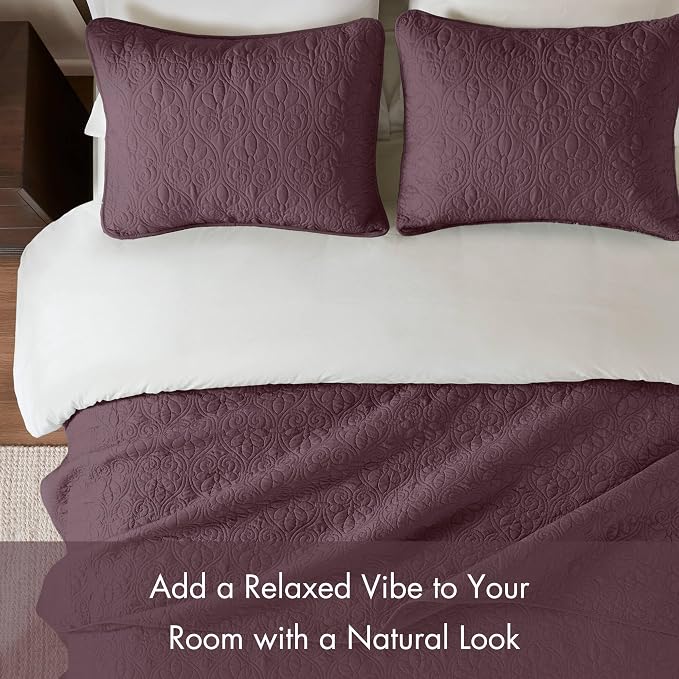 Madison Park Luxurious Cotton Damask Quilt Set, 3PC Full/Queen Bed Set | All Season, Lightweight Stitching Coverlet Bedspread Bedding Stitching with Shams, Purple