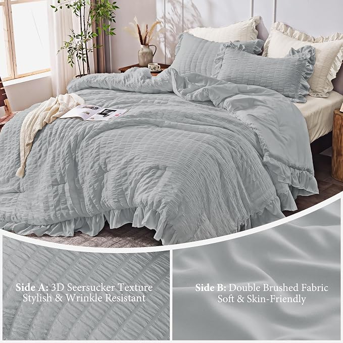 JOLLYVOGUE Light Grey Queen Comforter Set, 3 Pieces Seersucker Comforters Queen Size, Lightweight & Fluffy Bedding Sets Queen for All Season with 1 Ruffle Comforter and 2 Ruffle Pillowshams