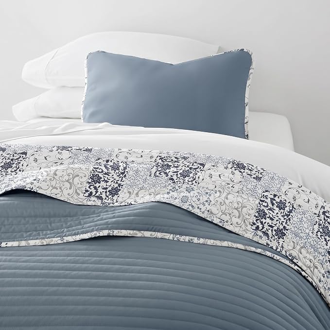 Merit Linens Soft Quilt Coverlet Bedding Set - Pattern/Solid Reversible - Twin/TwinXL Dusk Blue