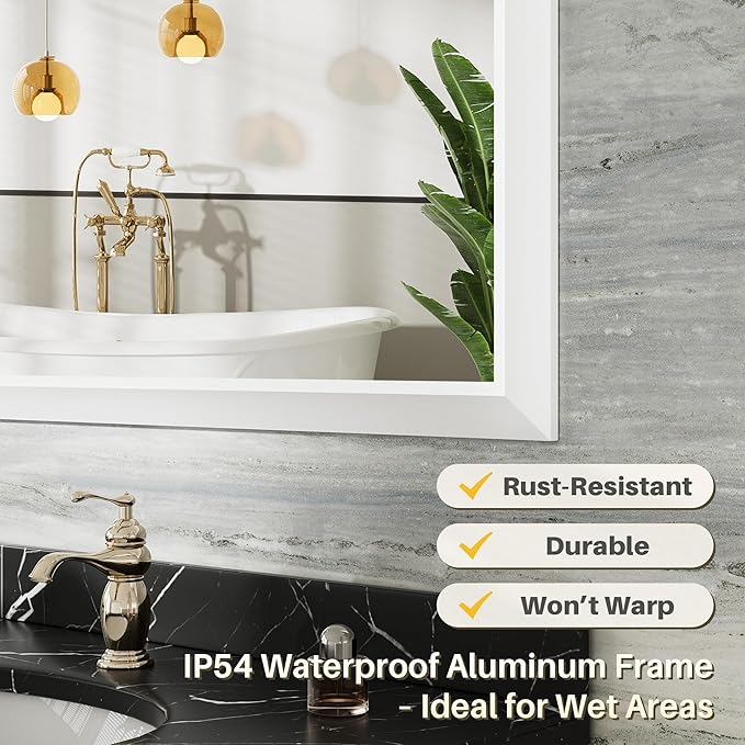 Bathroom Wall Mirror, White Metal Frame, 36x32 Inch | Anti-rust, HD tempered glass, for bathroom vanity, bedroom, living room, horizontal or vertical mount