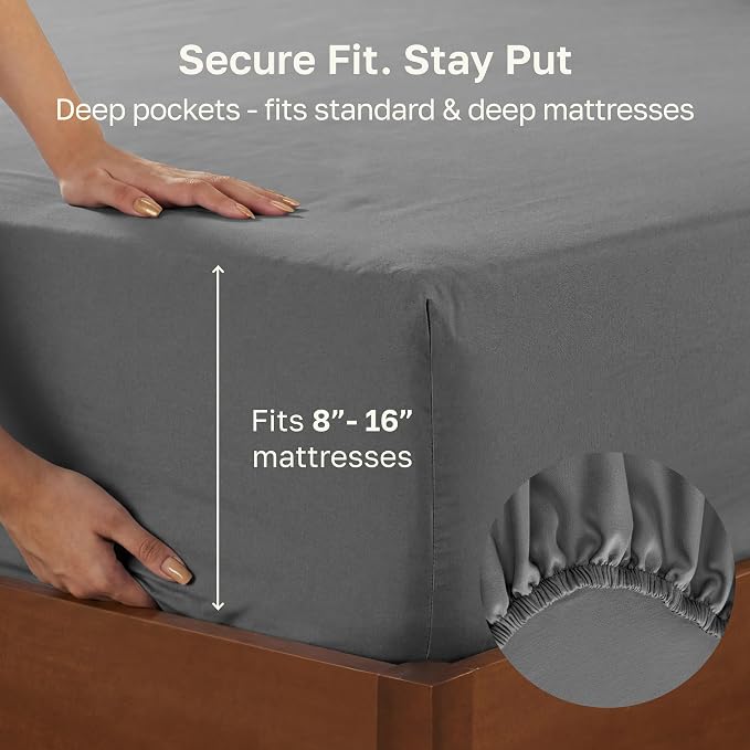 California Design Den Soft 100% Cotton Sateen Queen Fitted Sheets, Grey | 400 Thread Count Backed by Good Housekeeping Seal, 16" Deep Pocket, All-Around Elastic, No-Pop Fit, Durable, OEKO-TEX
