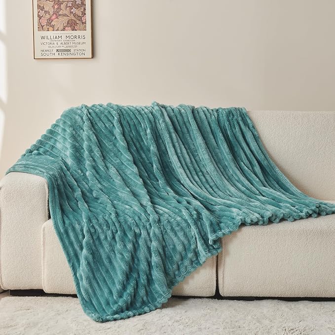 NEWCOSPLAY Fleece Ribbed Cozy Throw Blanket for Couch, Light Teal, 50"x60" | Premium Silky Flannel Blanket, Soft Lightweight Fluffy Throw Blanket for Bed Sofa Decor, Gift for All Season Use