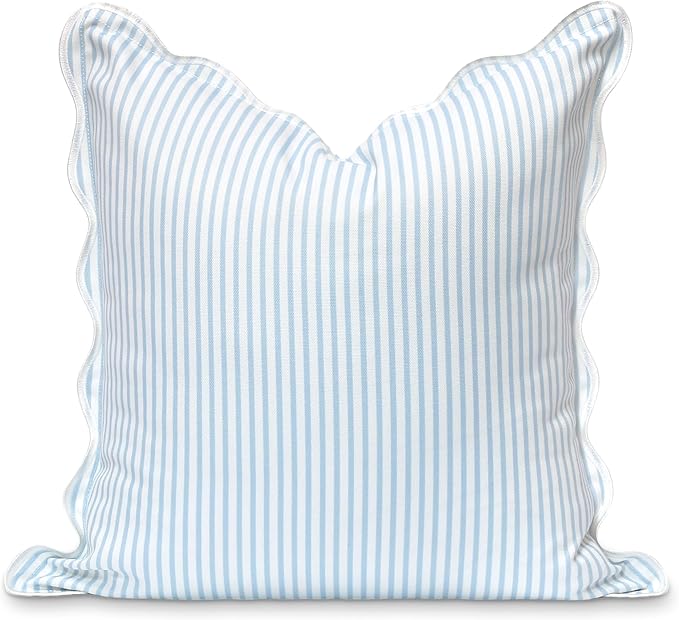 Hofdeco Premium Coastal Patio Indoor Outdoor Scalloped Throw Pillow Cover Only, 20"x20" Water Repellent for Backyard, Couch, Baby Blue Print Stripes