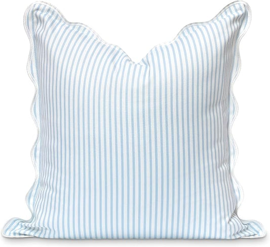 Hofdeco Premium Coastal Patio Indoor Outdoor Scalloped Throw Pillow Cover Only, 20"x20" Water Repellent for Backyard, Couch, Baby Blue Print Stripes