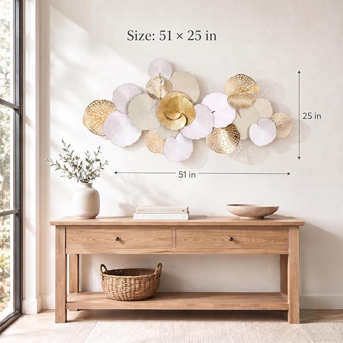 Axioglo 51" Large Wall Decor 3D Lotus Leaf Metal Wall Art for Living Room | 51" x 25" metal wall decor with layered metal texture, mounting hardware, two-way display