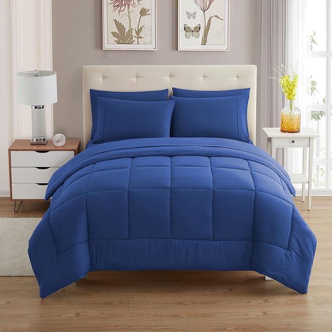 Sweet Home Collection 7 Piece Comforter Set Bag Solid Color All Season Soft Down Alternative Blanket & Luxurious Microfiber Bed Sheets, Royal Blue, King
