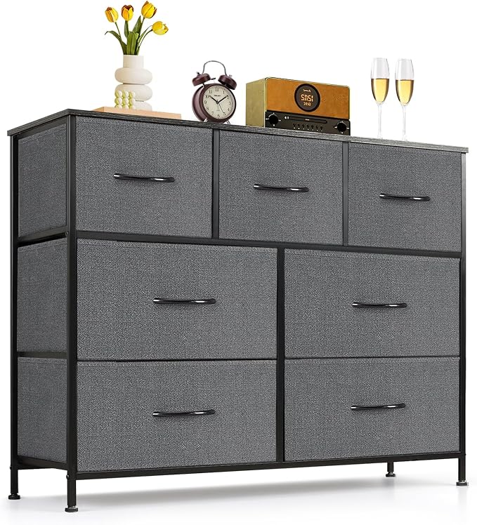 7-Drawer Dresser for Bedroom, Anti-Tip Wide Storage Organizer Fabric | Chest of Drawers TV Stand for 45" TV with Wooden Top and Metal Frame for Closet, Living Room, Hallway, Entryway, Gray